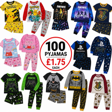 Load image into Gallery viewer, A collage showing many children's two-piece pajama sets arranged around a central promotional circle that reads '100 PYJAMAS £1.75 EACH'.