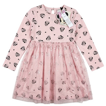 Load image into Gallery viewer, girls Minnie character dresses in a pretty pink design, featuring an all-over Minnie print and a layered tulle skirt with sparkling silver detailing.