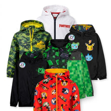 Load image into Gallery viewer, A group of seven hooded windbreakers/jackets displayed together on a plain white background, each featuring a different pop-culture or gaming print. The jackets include camouflage, pixelated green, Mickey Mouse, Minecraft, Jurassic World, Fortnite, and Pokémon designs.