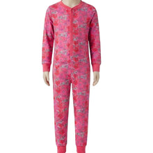 Load image into Gallery viewer, A pink long-sleeve one-piece pajama with an allover floral pattern, displayed on a mannequin against a plain white background.