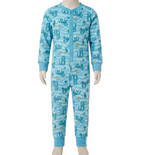 Load image into Gallery viewer, A one-piece children's pajama jumpsuit displayed on a mannequin, featuring a light blue and teal underwater kelp forest pattern with small yellow accents.