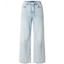 Load image into Gallery viewer, Light wash blue wide-leg denim jeans shown flat against a solid white background.