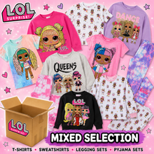 Load image into Gallery viewer, A mixed selection of LOL Surprise! children's apparel displayed on a pink background with star and heart graphics. The set includes multiple T-shirts, sweatshirts, leggings, and pajama sets in assorted colors, along with an open cardboard box branded LOL Surprise! Text at the bottom reads 'MIXED SELECTION' and lists garment types.