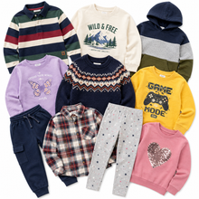 Load image into Gallery viewer, A flat lay of ten children's clothing items, including sweaters, hoodies, a striped polo, a plaid shirt, and leggings, arranged together on a solid white background.