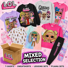 Load image into Gallery viewer, A mixed collection of LOL Surprise! children's apparel shown in a collage on a pink background, including T-shirts, sweatshirts, leggings, and pajama sets in multiple colors, with an open cardboard box and text reading 'MIXED SELECTION'.