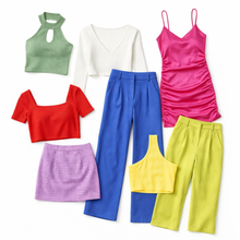 Load image into Gallery viewer, Collection of colorful clothing items including tops and pants on a white background