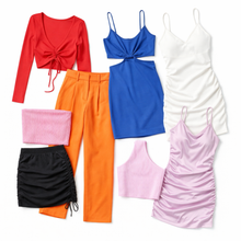 Load image into Gallery viewer, Collection of colorful clothing items including a red top, blue tank top, white dress, orange pants, pink skirt, and black skirt on a white background.