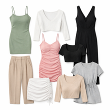 Load image into Gallery viewer, Collection of various clothing items including tops, dresses, and pants on a white background
