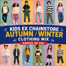 Load image into Gallery viewer, Promotional graphic for a kids' clothing bundle, showing twelve children modeling different outfits arranged in two rows against vertical pastel color blocks. A large dark blue banner across the center reads 'KIDS EX CHAINSTORE AUTUMN/WINTER CLOTHING MIX' with 'PARCEL OF 250' on a red strip below.