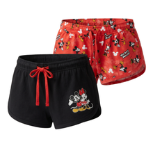 Load image into Gallery viewer, Black shorts with red drawstring and red shorts with Mickey Mouse pattern on a white background