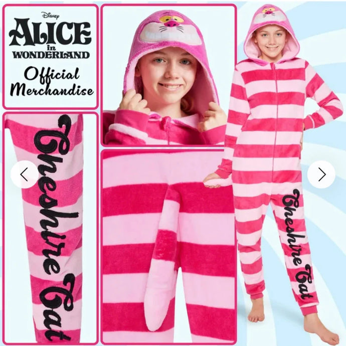 Pink and white striped onesie with hood, inspired by 'Alice in Wonderland', featuring 'Cheshire Cat' text.