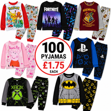 Load image into Gallery viewer, A collage showing multiple children's long-sleeve pajama sets with matching pants, arranged around a central promotional circle that reads '100 PYJAMAS £1.75 EACH'.
