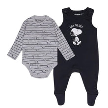 Load image into Gallery viewer, A two-piece baby outfit set featuring a long-sleeve bodysuit in gray with black stripes and Snoopy character prints, and a black footed one-piece romper with a white Snoopy graphic and 'HALK THE WALK' text, both branded PEANUTS.
