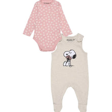 Load image into Gallery viewer, A two-piece baby clothing set from Peanuts, featuring a long-sleeve pink bodysuit with a white daisy pattern and a sleeveless cream footed romper with a Snoopy graphic holding a bouquet of flowers.
