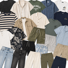 Load image into Gallery viewer, Collection of various shirts, shorts, and pants on a white background
