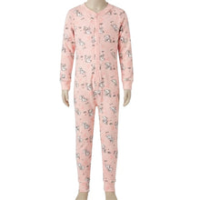 Load image into Gallery viewer, A pink long-sleeve footless pajama one-piece with an all-over cartoon dog print, displayed on a mannequin against a plain white background.
