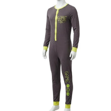 Load image into Gallery viewer, A dark brown long-sleeve full-body one-piece pajama or sleep suit displayed on a white mannequin against a white background. The garment features lime green trim along the split neckline, cuffs, and ankles, with lime green graphic text reading 'GAME SET ON' on the chest and 'CHANE' with circular icons down the left leg.
