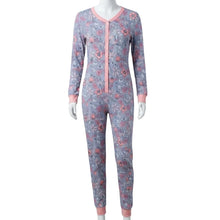 Load image into Gallery viewer, A long-sleeve one-piece pajama top with matching pants displayed on a white mannequin. The pajamas feature a dusty purple-blue base color with a pink and red floral pattern, and solid pink trim along the front zipper, collar, cuffs, and ankles.
