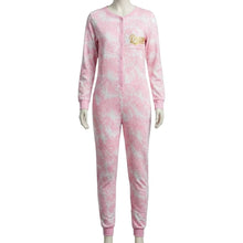 Load image into Gallery viewer, A pink long-sleeve one-piece pajama with a white abstract pattern and a small gold 'Queen' graphic on the left chest, displayed on a mannequin against a white background.
