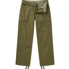 Load image into Gallery viewer, Olive green cargo pants with a matching belt, featuring multiple utility pockets and drawstring ankle cuffs, shown against a plain white background.
