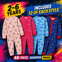 Load image into Gallery viewer, Four children's full-body zip-up pajamas are shown on a colorful promotional background. The set includes a light pink pajama with black animal prints, a bright pink pajama, a light blue pajama with darker blue animal prints, and a dark blue pajama with red and yellow animal prints.
