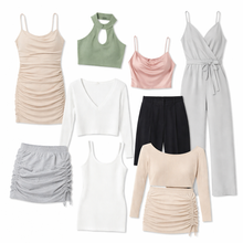 Load image into Gallery viewer, Collection of various women's clothing items on a white background
