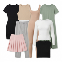 Load image into Gallery viewer, Collection of various clothing items including tops, pants, and a skirt on a white background
