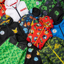 Load image into Gallery viewer, A flat-lay collection of colorful hooded jackets featuring various pop culture and gaming prints, including Fortnite, Minecraft, Pokémon, Disney Mickey Mouse, and Jurassic World.
