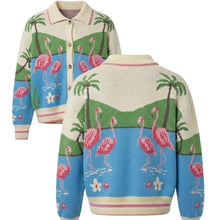 Load image into Gallery viewer, A knit cardigan sweater shown from both front and back, featuring a tropical flamingo and palm tree pattern with pink flamingos, green palm trees, blue water, and cream background.
