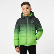 Load image into Gallery viewer, A children's hooded puffer jacket with a green-to-black ombre gradient, featuring a bright green hood lining, a green front zipper, and a visible Xbox logo on the chest.
