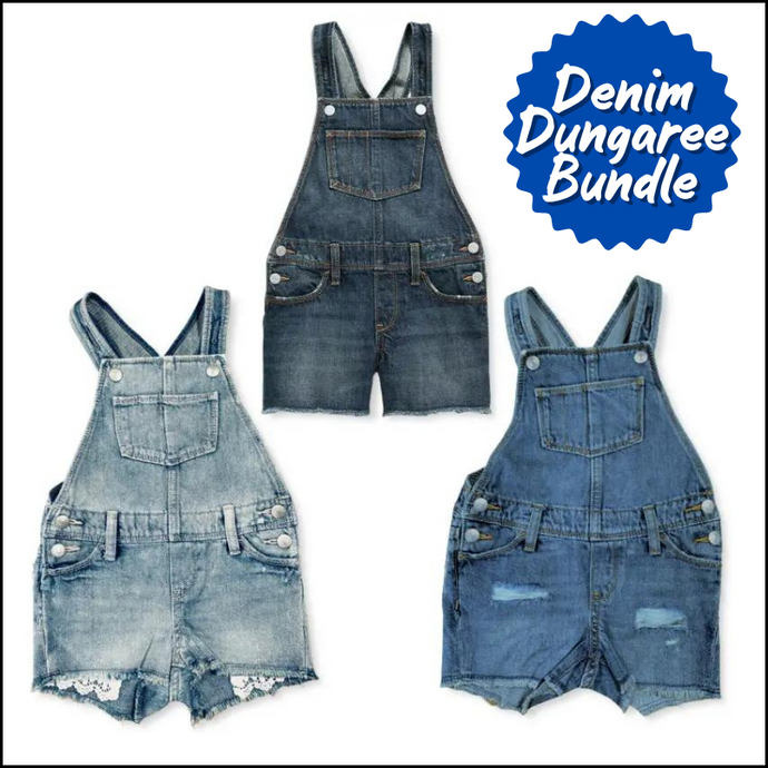 Girls Ex Chainstore Assorted Denim Dungaree Bundle, Wholesale Pack of 30