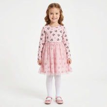 Load image into Gallery viewer, girls Minnie character dresses in a pretty pink design, featuring an all-over Minnie print and a layered tulle skirt with sparkling silver detailing.

