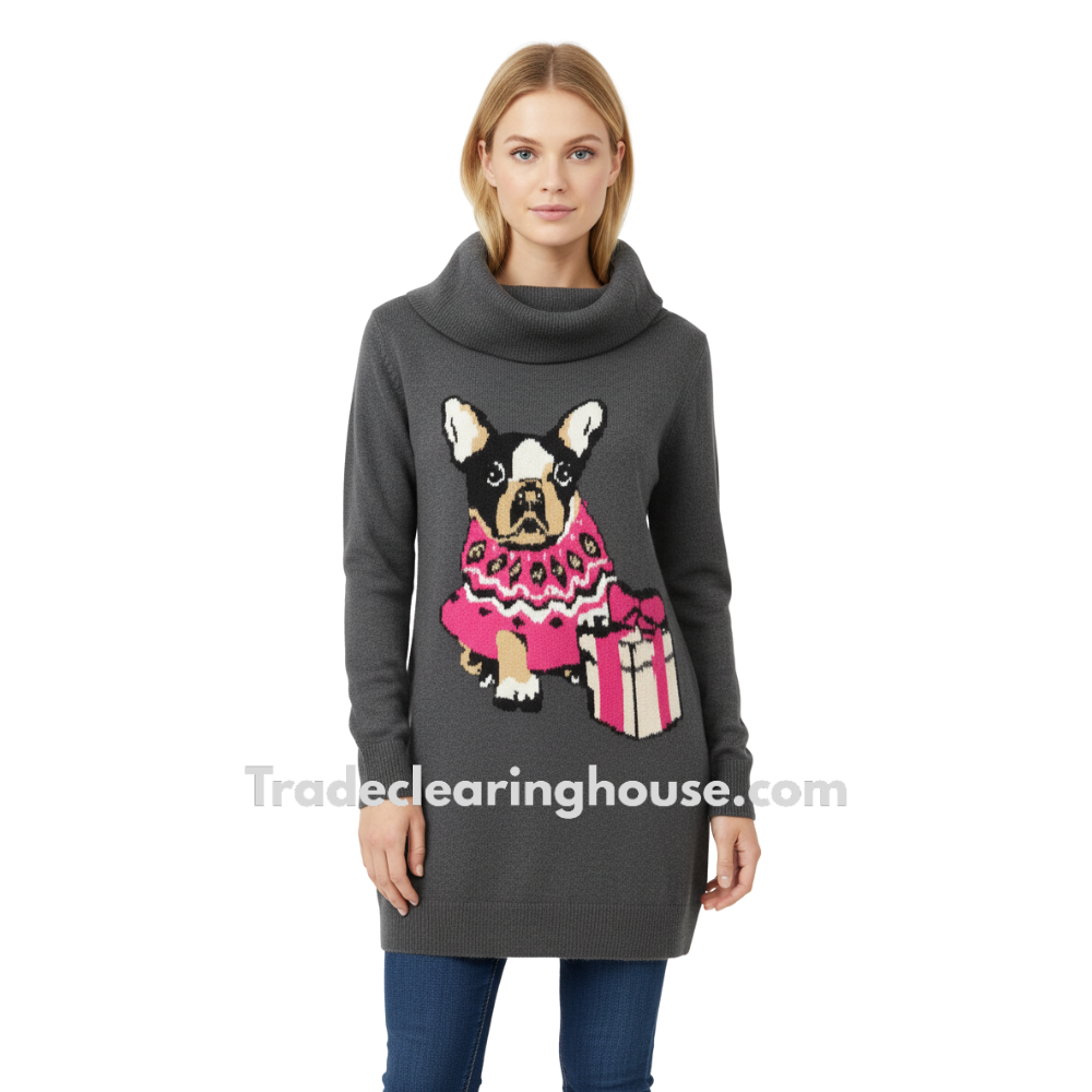 Women's Festive Frenchie Long Cowl Neck Sweaters