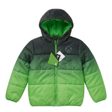 Load image into Gallery viewer, A children's hooded puffer jacket with a green-to-black ombre gradient, featuring a bright green hood lining, a green front zipper, and a visible Xbox logo on the chest.
